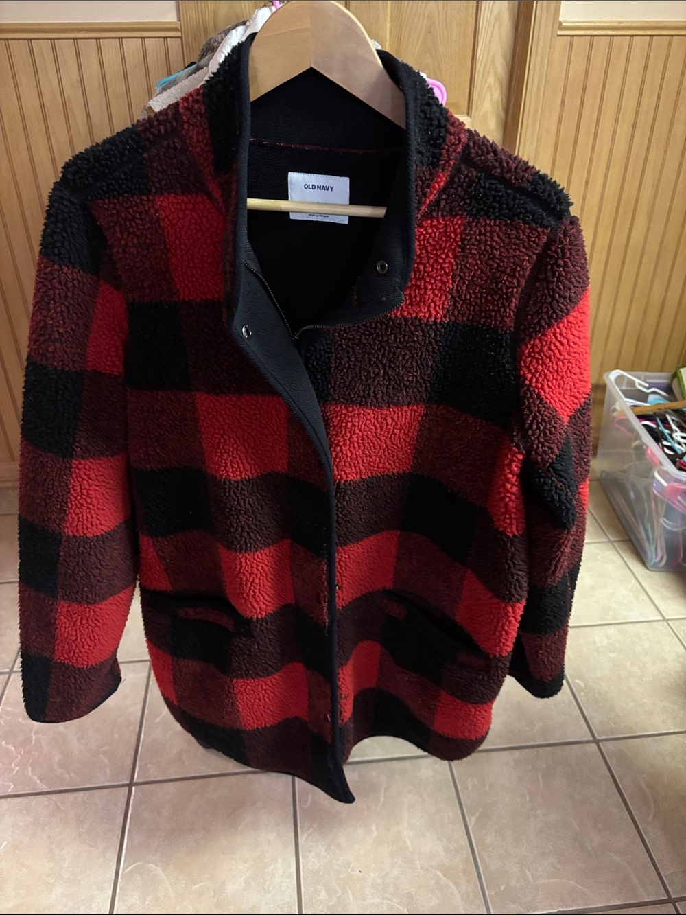 Old Navy Red and Black Buffalo Check Sherpa Coat